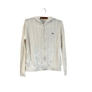 Lacoste Womens White Cable Knit Full Zip Hooded Sweater Size 44 US XL